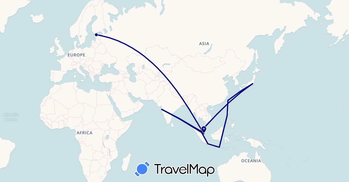 TravelMap itinerary: driving in Estonia, Indonesia, India, Japan, Malaysia, Philippines, Singapore, Taiwan (Asia, Europe)